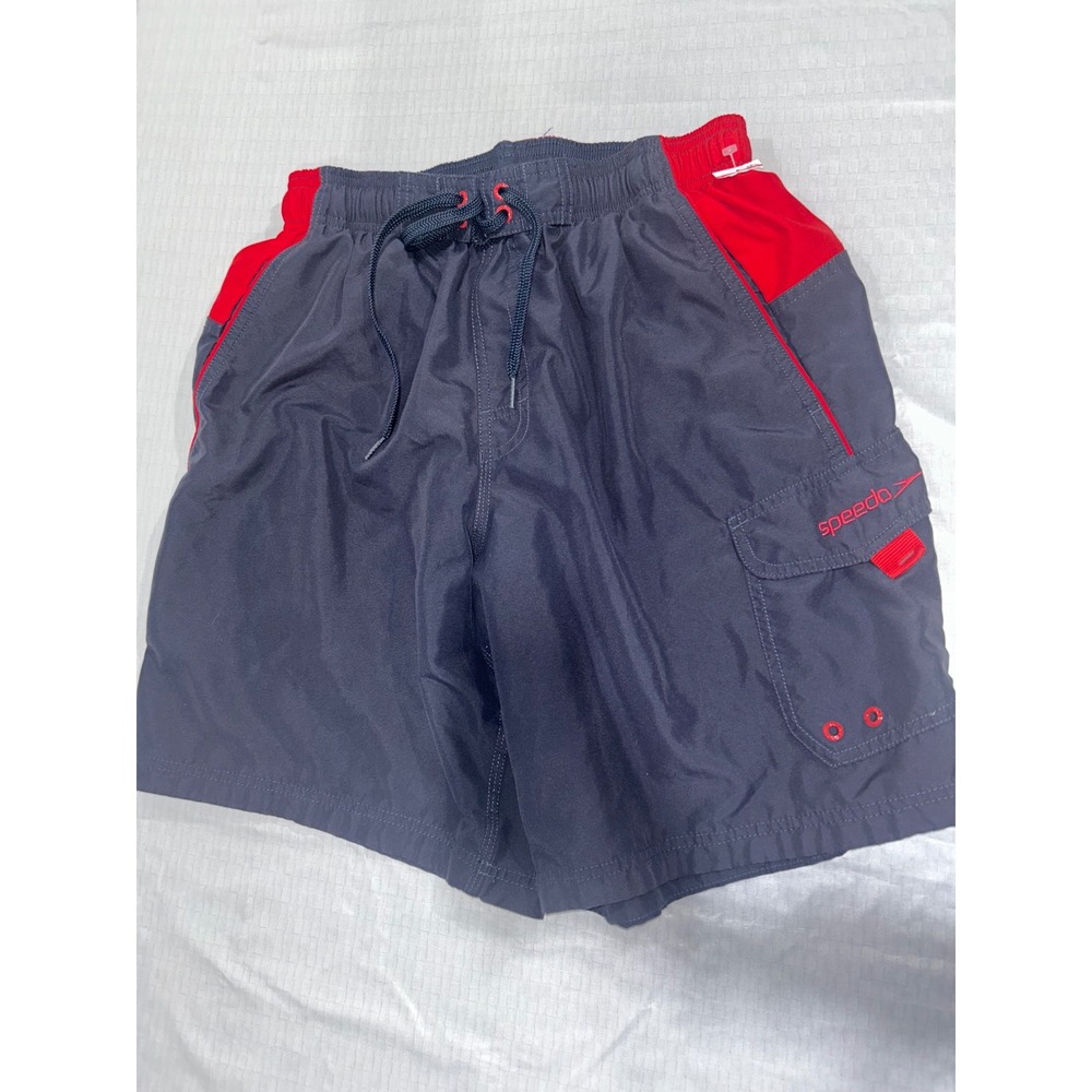 Speedo Mens Swim Trunks Gray Red Cargo Pocket MeshLined Board Shorts Size Medium